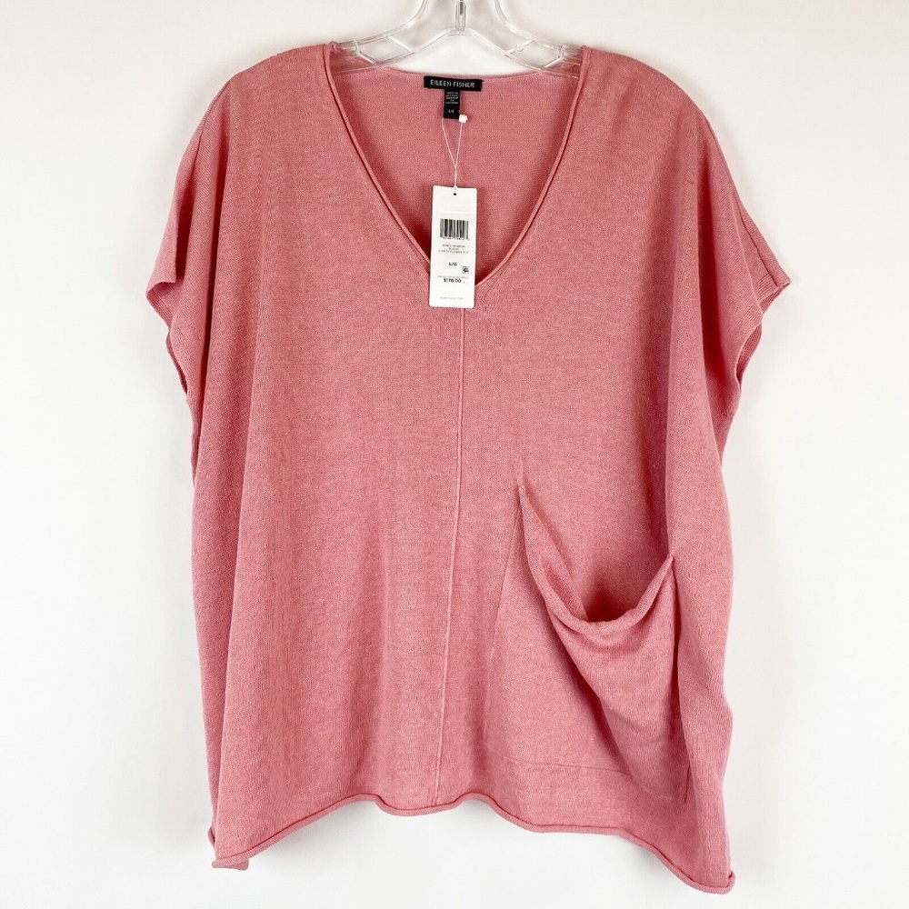 Eileen Fisher Top Large Pink Organic Linen Cotton Knit V Neck Boxy Minimalist
